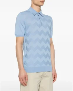 Women's Chevron-Detail Fine Ribbed Polo Shirt Ss24 Blue