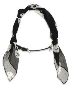 Women's Double-Wrap Skull Scarf Bracelet Black-White-Silver Silk; Calf Leather Bos Taurus Bracelets Black/white/silver