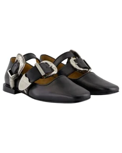Women's Embellished Buckle Leather Ballerina Black Calfskin