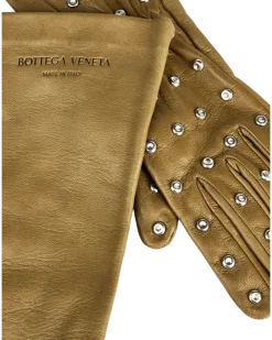Women's Embossed Logo Studs Leather Green Accessories > Gloves Gold