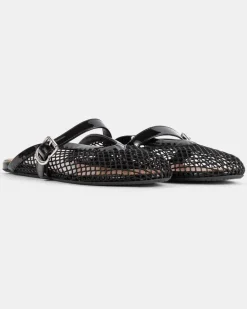Women's Flat Black Mesh Mules Sandal