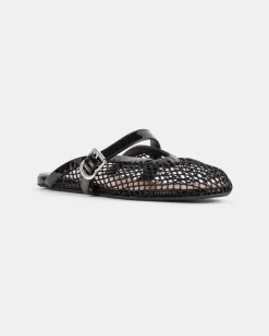 Women's Flat Black Mesh Mules Sandal