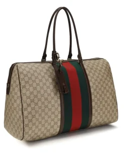 Women's Gg Travel Bag Web Stripe Vin.san.br-Dk.br-Vrv Cotton; Linen; Polyurethane Vin.san.br/dk.br/vrv Suitcases Beige