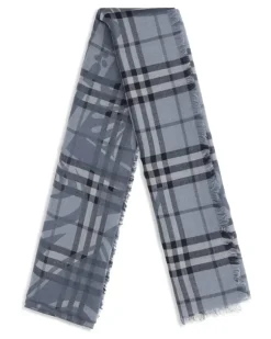 Women's Knight Check Wool And Silk Scarf Bank Blue Fleece Ovis Aries Aries; Scarfs