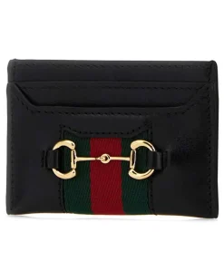 Women's Leather With Horsebit Detail Card Case Black Wallet horsebit
