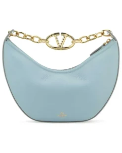 Women's Light Blue Leather Small Hobo Vlogo Moon Handbag Bluporcellana Borse A Mano