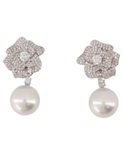 Women's Mini Crystal Flower Earrings Self Portrait Pearl Silver Jewelry-Watches