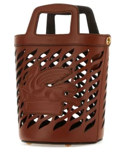 Women's Perforated Leather Bucket Bag Brown