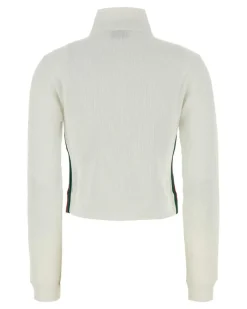 Women's Ribbed Jersey Zip Sweatshirt White Polyester Cotton Sweater