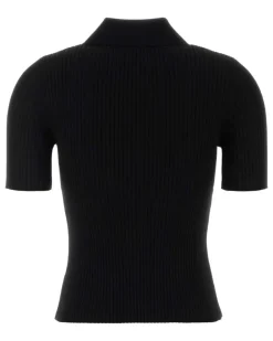 Women's Ribbed Viscose Blend Polo Shirt Black Polyester