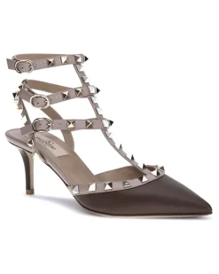 Women's Rockstud Pumps Light Coffee-Poudre Calf Leather Bos Taurus Coffee/poudre High Heel Shoes rockstud Brown