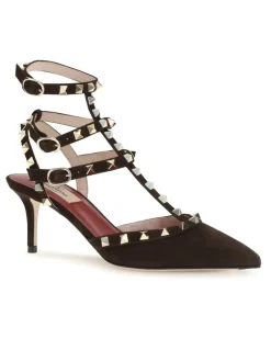 Women's Rockstud Suede Pumps Ebony Brown High Heel Shoes rockstud Black