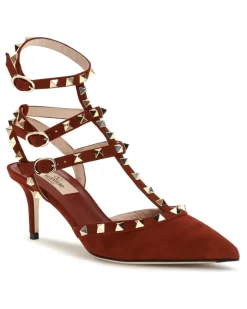 Women's Rockstud Suede Pumps Russet Red High Heel Shoes rockstud