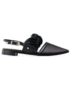 Women's Ruffled Leather Slingback Black Flats