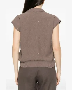 Women's Sequin-Embellished V-Neck Top Ss26 W Taupe