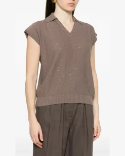 Women's Sequin-Embellished V-Neck Top Ss26 W Taupe