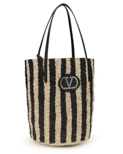 Women's Striped Raffia Bucket Bag Naturale-Nero Naturale/nero Black