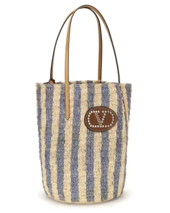 Women's Striped Raffia Bucket Bag Naturale-Azzurro-Natural Camel-Selleria Naturale/azzurro/natural Camel/selleria Multicolor