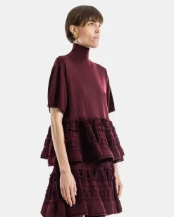 Women's Turtleneck Top With Crinoline Bordeaux Wool Red
