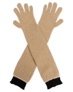 Women's Two-Tone Ribbed Long Gloves Beige Wool Viscose Polyamide
