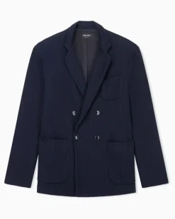 Zweireihiger Regular Fit Blazer aus Jersey-Seersucker Marineblau