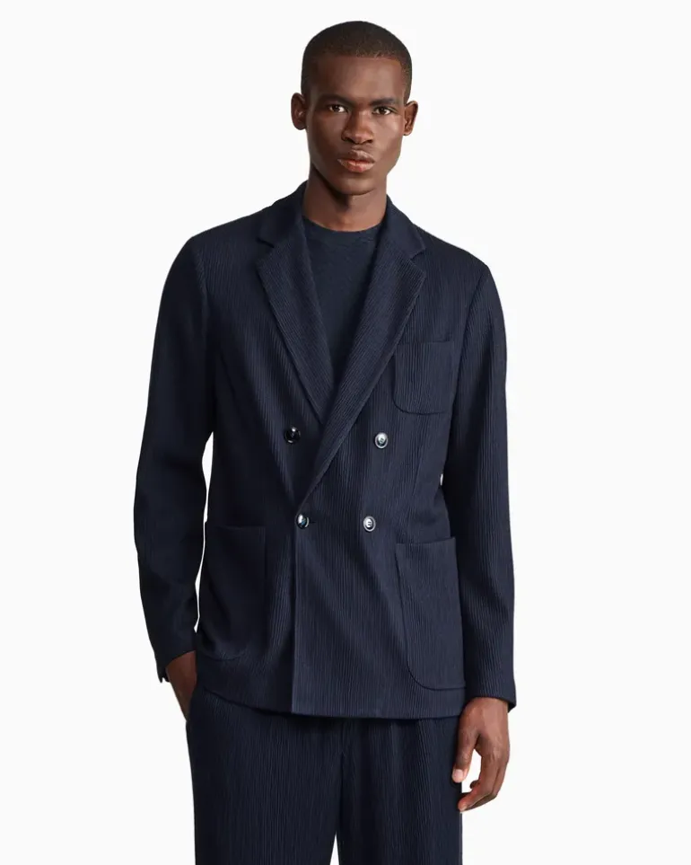 Zweireihiger Regular Fit Blazer aus Jersey-Seersucker Marineblau