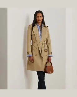 Zweireihiger Trenchcoat mit Baumwolle Tan