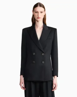 Zweireihiger Wollblazer mit Spitzrevers und Hornknöpfen Schwarz